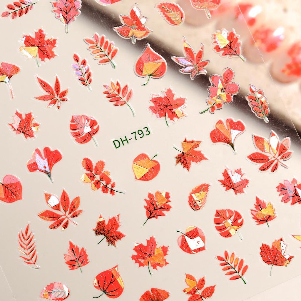 Caramel Red Maple Leaf Adhesive Nail Stickers - Autumn/Winter Fire Red Decor
