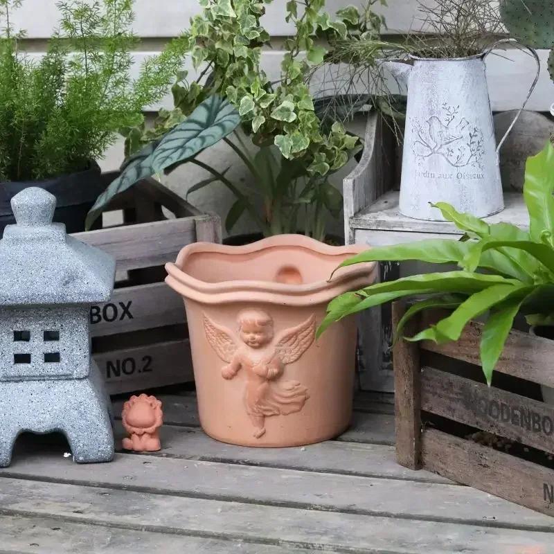 Pottery Clay Breathable with Drainage Holes Flower Pot Relief Home Furnishings Garden Plant Garden Supplies Personality Vases
