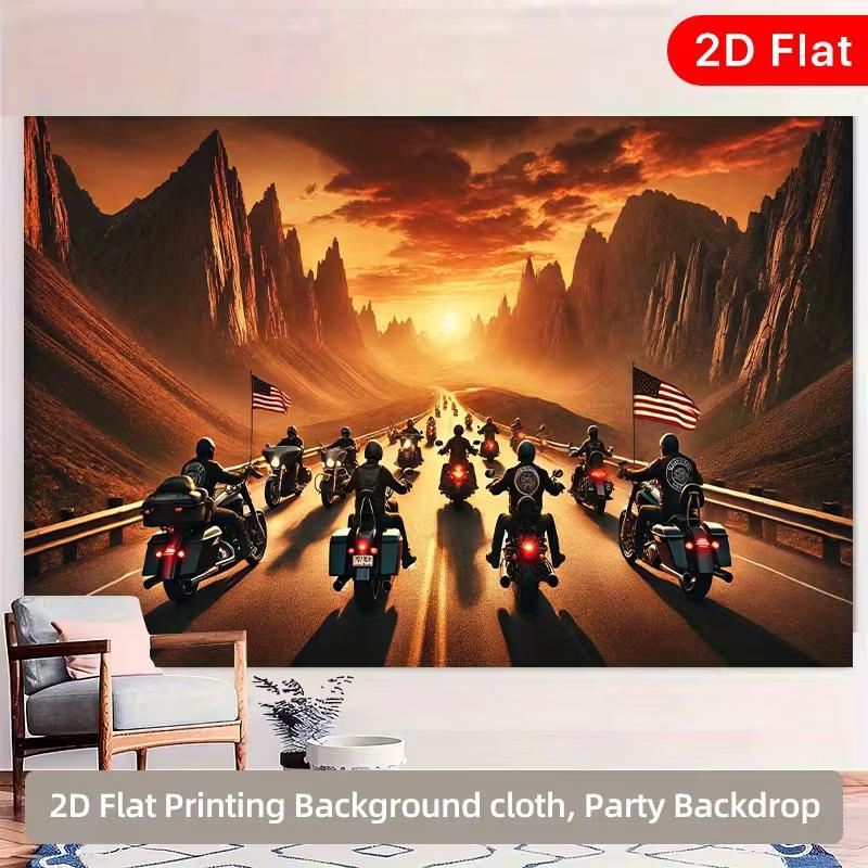 

2D Motorcycle Backdrop, Biker Ride at Sunset Highway with USA Flag Photography Banner 47.2x31.5inch/120*80cm