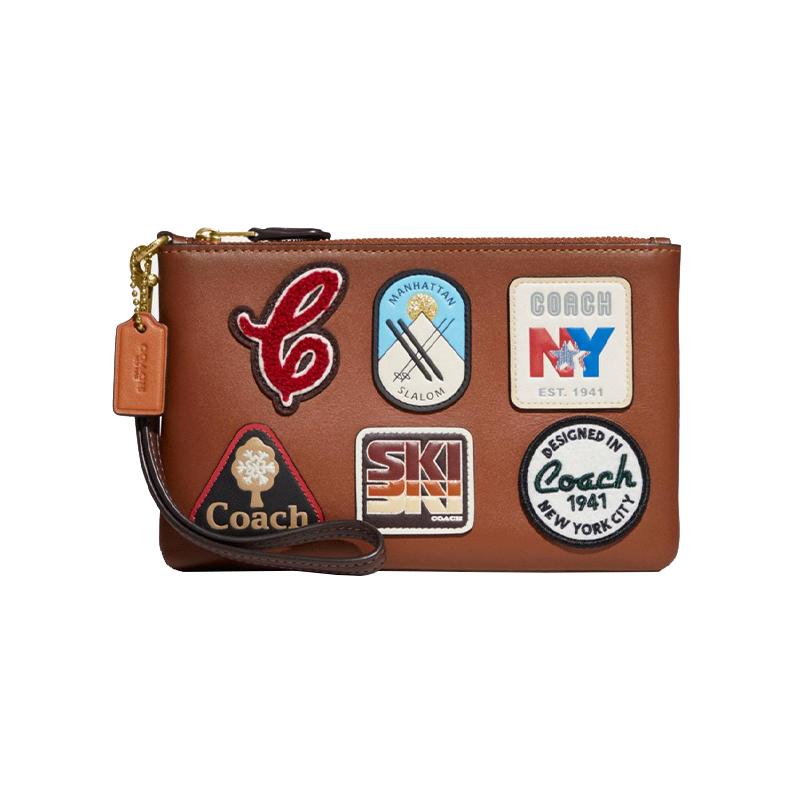 COACH Wristlet 19 Smooth Leather Vintage Pattern Appliqué Zip Clutch Small Women s Brown коричневый