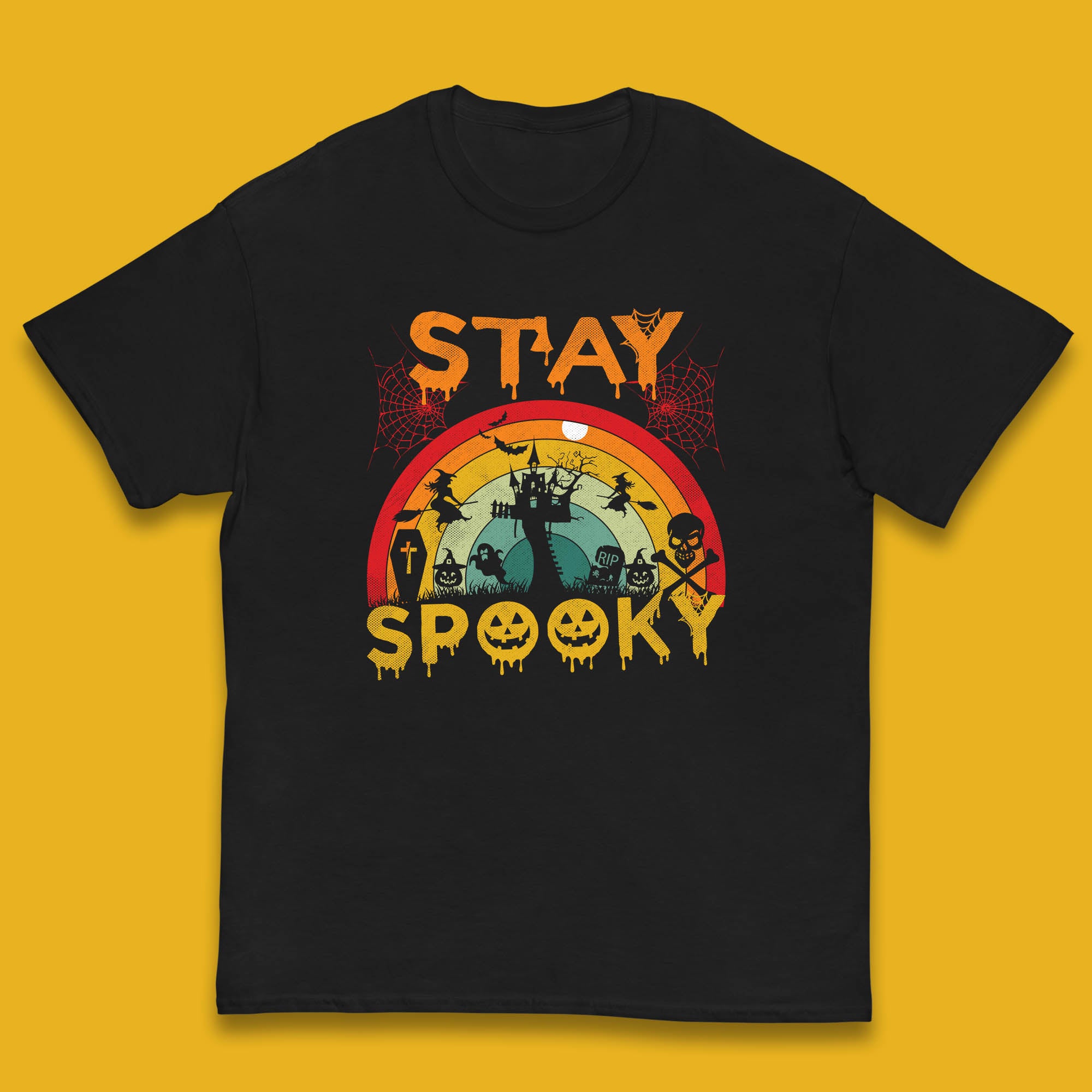 

Stay Spooky Vintage Halloween Hunted House Dark Night Full Moon And Flying Bats Kids T Shirt 130