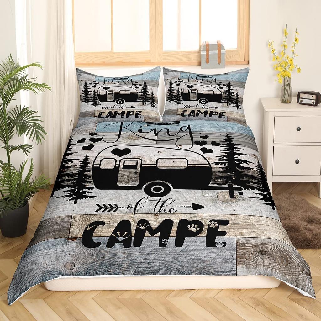 Happy Camping Comforter Cover King, Summer Camping Decoration Bedding For Boy Teens Family, Beach Vacation Style Duvet Cover Set