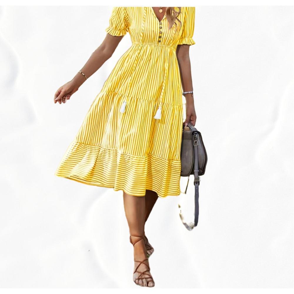 Women's striped dress, V-neck elastic waist, short-sleeved, wide-swing dress