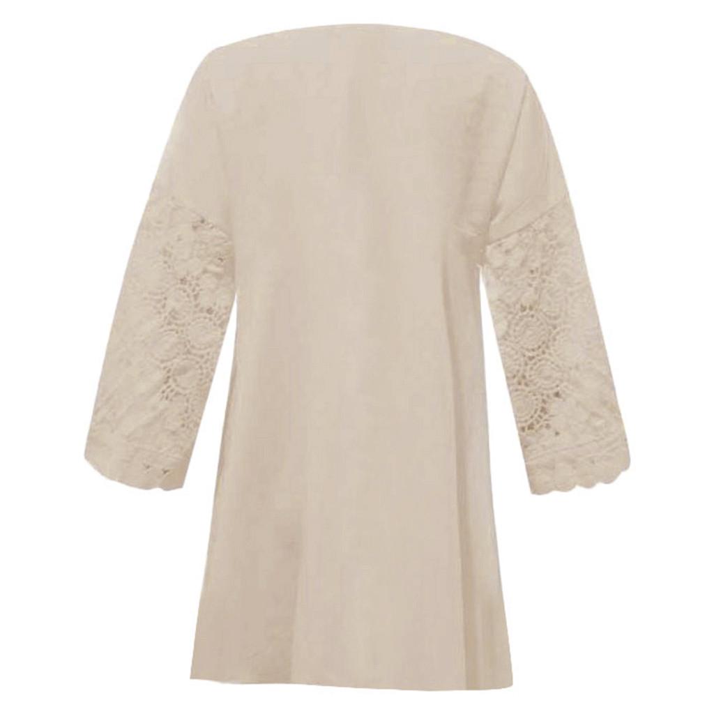 Women Half Sleeve Cotton Linen Hollow Out  Lace Patchwork T-Shirt Blouse Tops