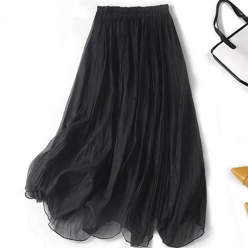 Summer Women's Cream Pleated Midi Skirt Elastic Waist Ruffle Hem Skirt