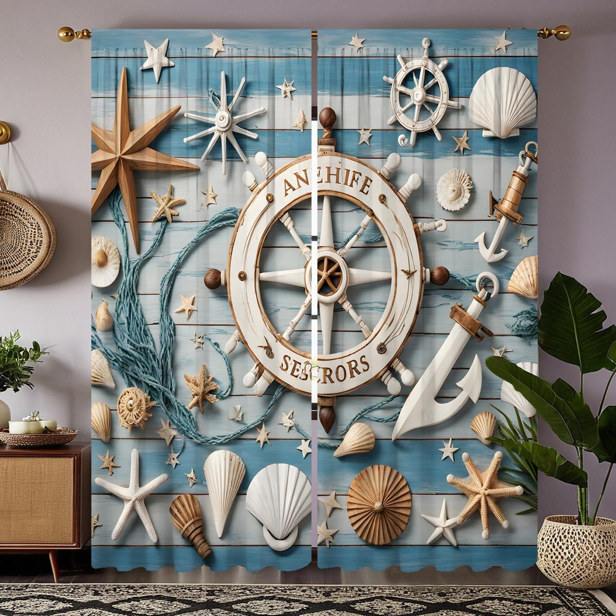 2 шт. HD Море встречается с небом Ракушка декоративная занавеска Синяя галстук цифровая — фото 3