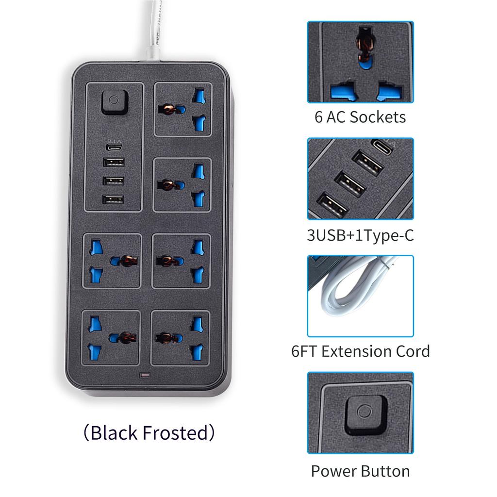 Power Strip With 6 AC Sockets & 3 USB 1 Type C Port 6FT Extension Cord Protector for Home Office Dorm Power Button