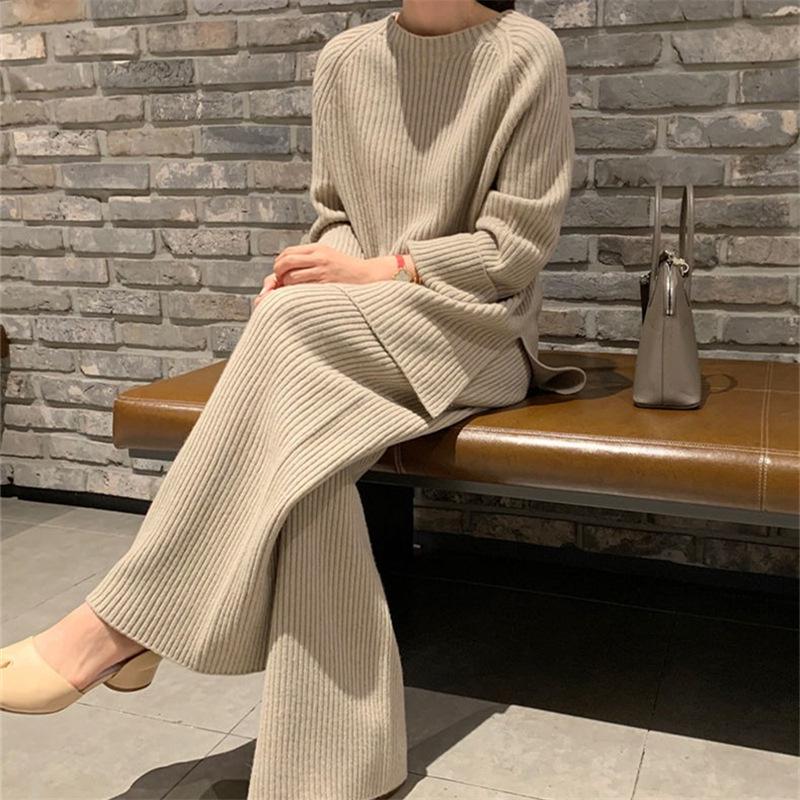 Korean-Style Knit Sweater & Wide-Leg Pants Set for Women - Casual & Versatile Autumn/Winter Fashion