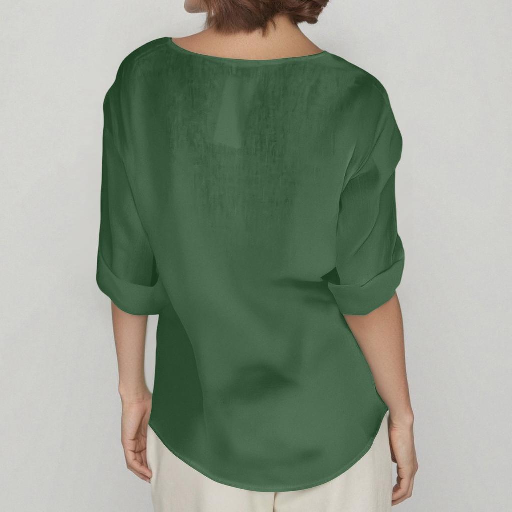 Women's Fashion Casual V-Neck Buttoned Seven Sleeve Cotton Linen Top