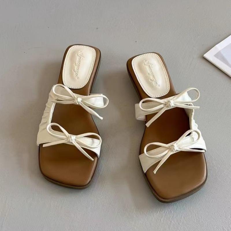 Versatile Thick Heel Square Head Open-toed Sandals Summer New Bow Outer Slippers Women