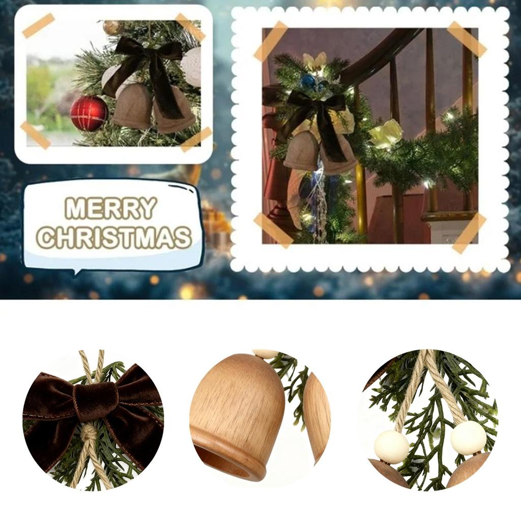 Bell Christmas Ornaments Wood Ring Pendants Jingle Bell Ornaments With Pine And Bow For Garland Door Tree Holiday Classroom