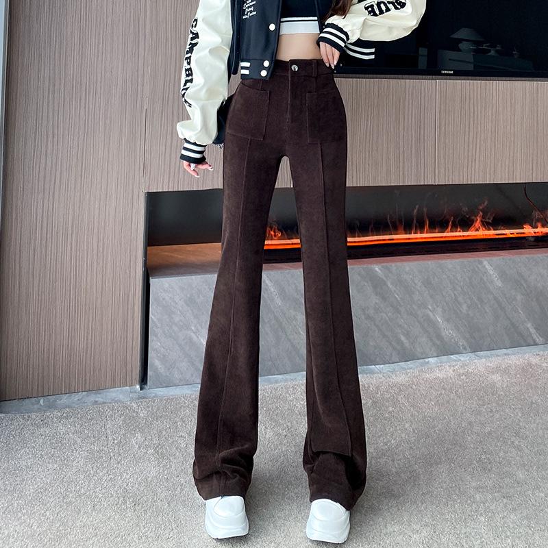 2024 Autumn/Winter High-Waist Corduroy Flared Pants: Plus Velvet, Thickened, Slimming, Casual Korean Style
