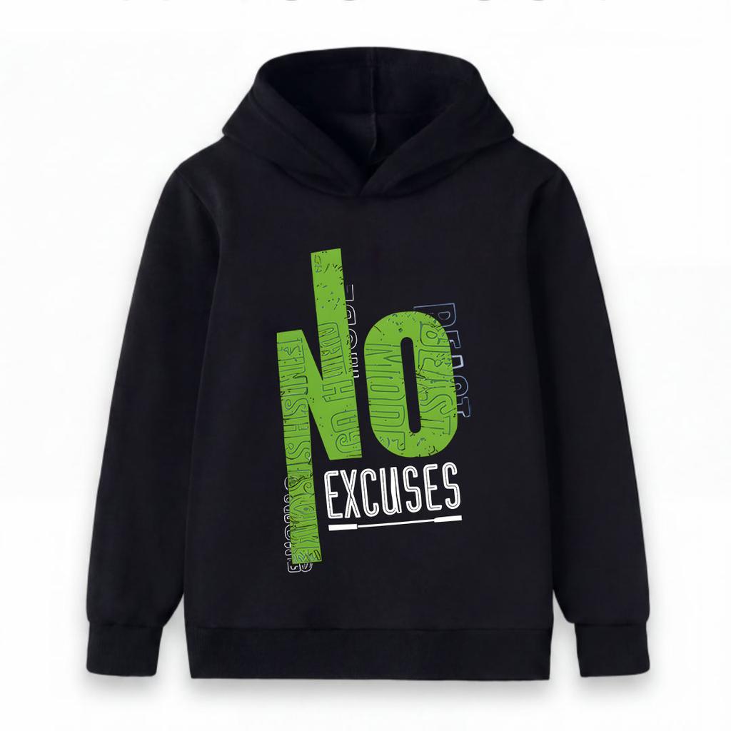 Unisex Kids Boys Girls Pullover Hoodie Sweatshirt, No Excuses Slogan Print Casual Soft Long Sleeve Hooded Top for Daily School Sport Wear, Ages 3-12 Y