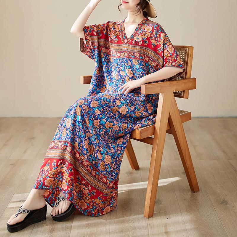 Sommer V-Ausschnitt Dünn Übergröße Locker Literarischer Urlaubsstil Strandkleid Vintage Lange Kleider