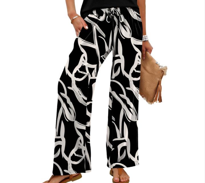 

2026 Chic Women s European & American Printed Wide-Leg Pants: Fashionable, Versatile, Comfortable & Casual Long Trousers L