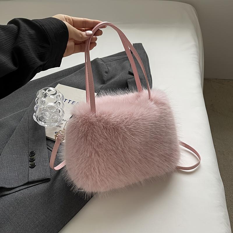 Ultra-Soft faux fur Winter Warm Handbag with Detachable Strap Solid Color Versatile Handbag for Everyday Use, Purse