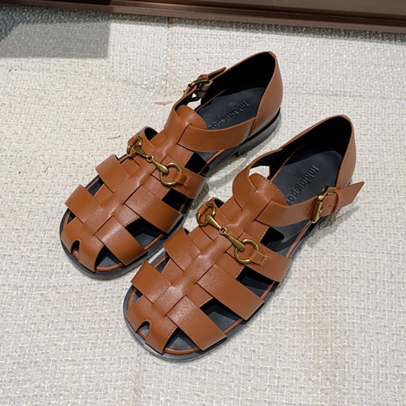 Women Sandals 2024 Summer New Hollow Sandals British Style Retro Women Sandals Woven Closed Thick Bottom Roman Sandals Women