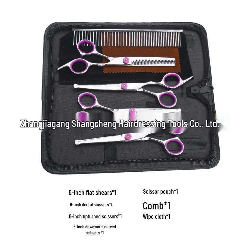 All-Steel Pet Grooming Scissors Set: Flat-Tooth & Curved Trimmers for Dog Hair Care.