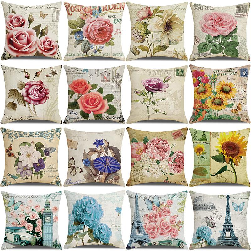 New Vintage Floral Pillow Linen Printed Sofa Home Office Decorative Cushion Cover