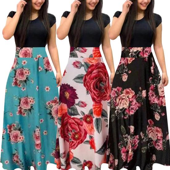Women Short Sleeve Floral Printed Patchwork Prom Cocktail Large Swing Maxi Dress