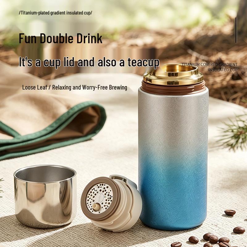 Gradient Color Titanium-Coated Thermos Cup with Portable Double-Drink Feature
