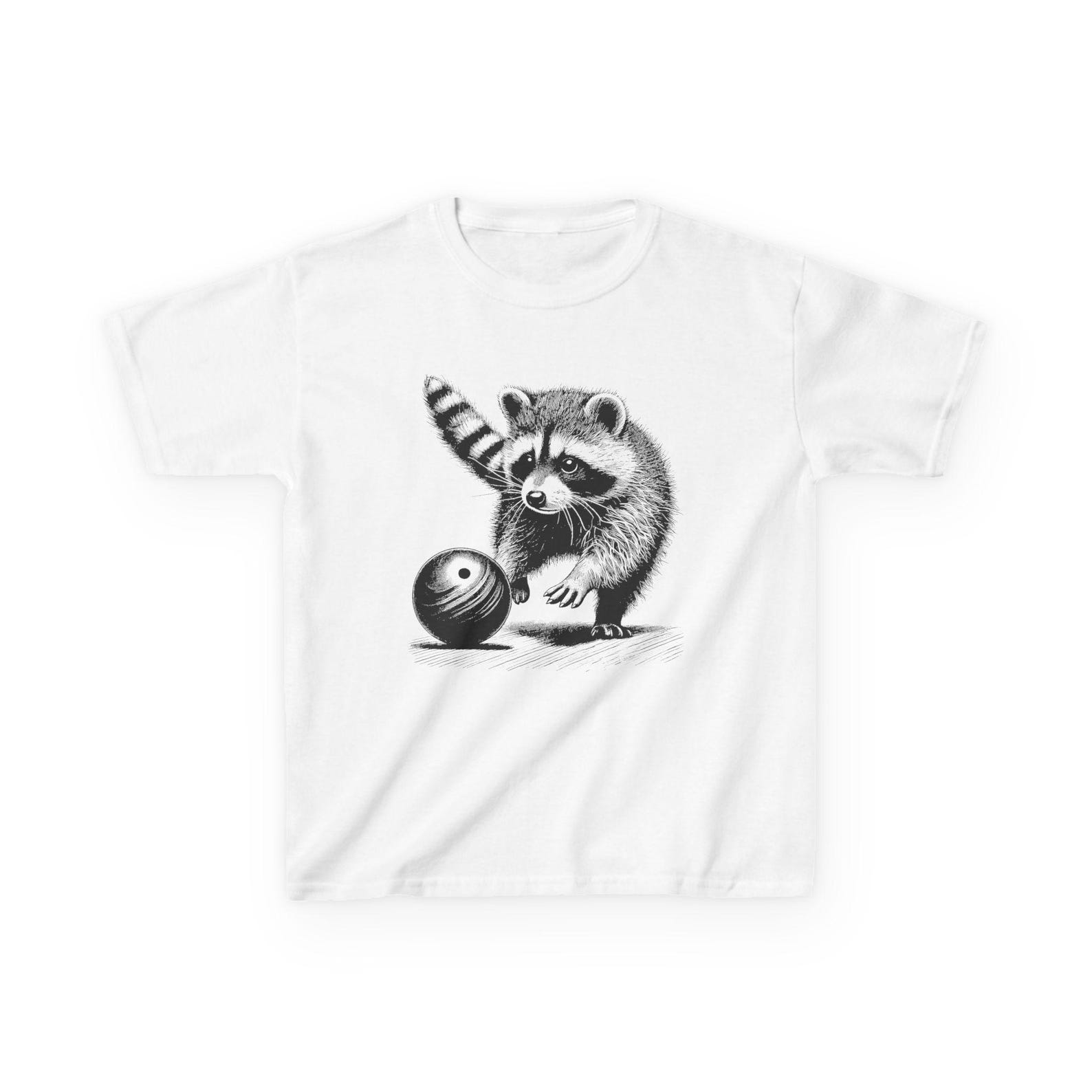 Bowling Raccoon Kids Tee, Animal Graphic US Cotton T-Shirt 2XL