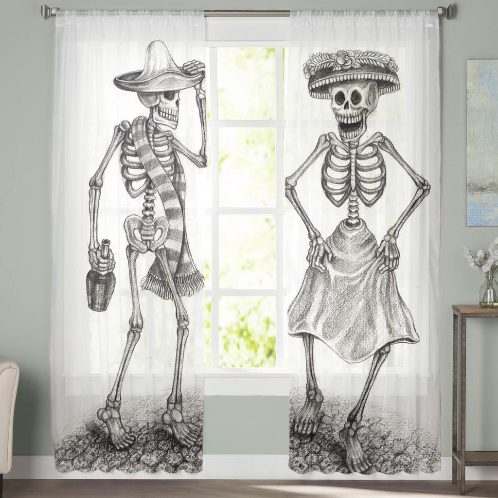 Skull Skeleton Hat Bottle White Tulle Sheer Window Curtains for Living Room the Bedroom Modern Voile Organza Curtains Drapes