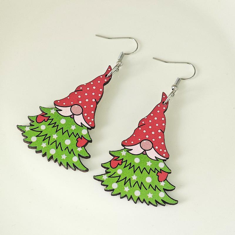 Santa Claus Connecting Christmas Tree Wooden Earrings - Creative European & American Design