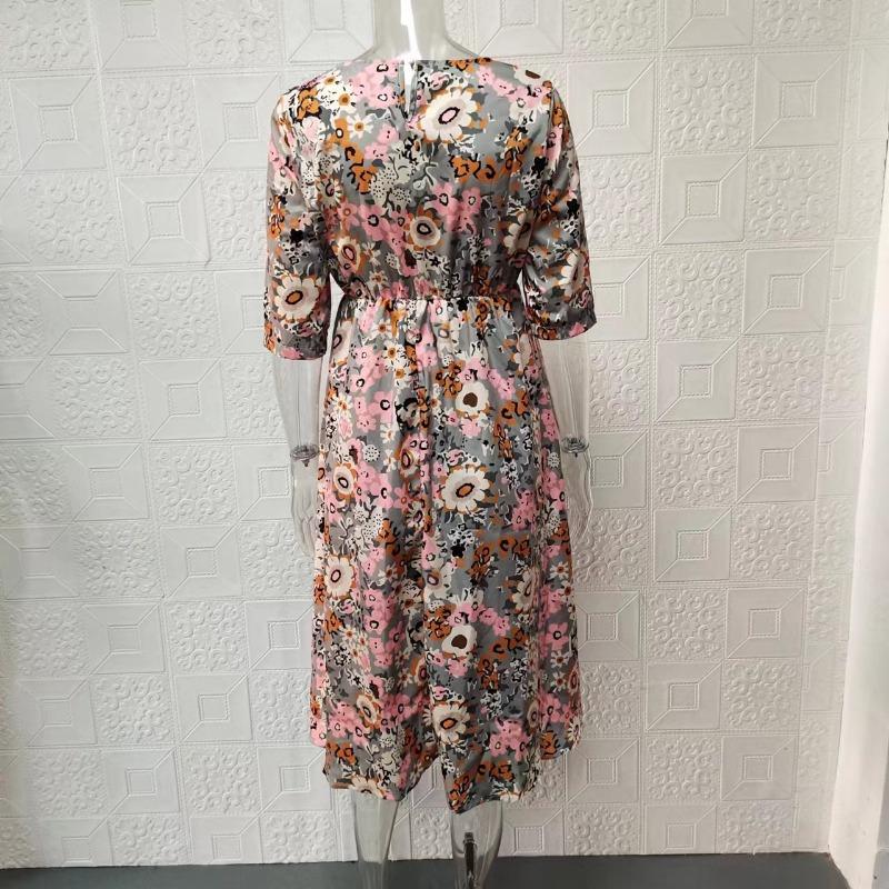 Rochie de damă cu imprimeu floral la modă, mărime mare, buzunar de vară, vintage, lejer, rochii casual pentru femei, elegantă, simplă, cu gât rotund, rochie de damă de birou 24258