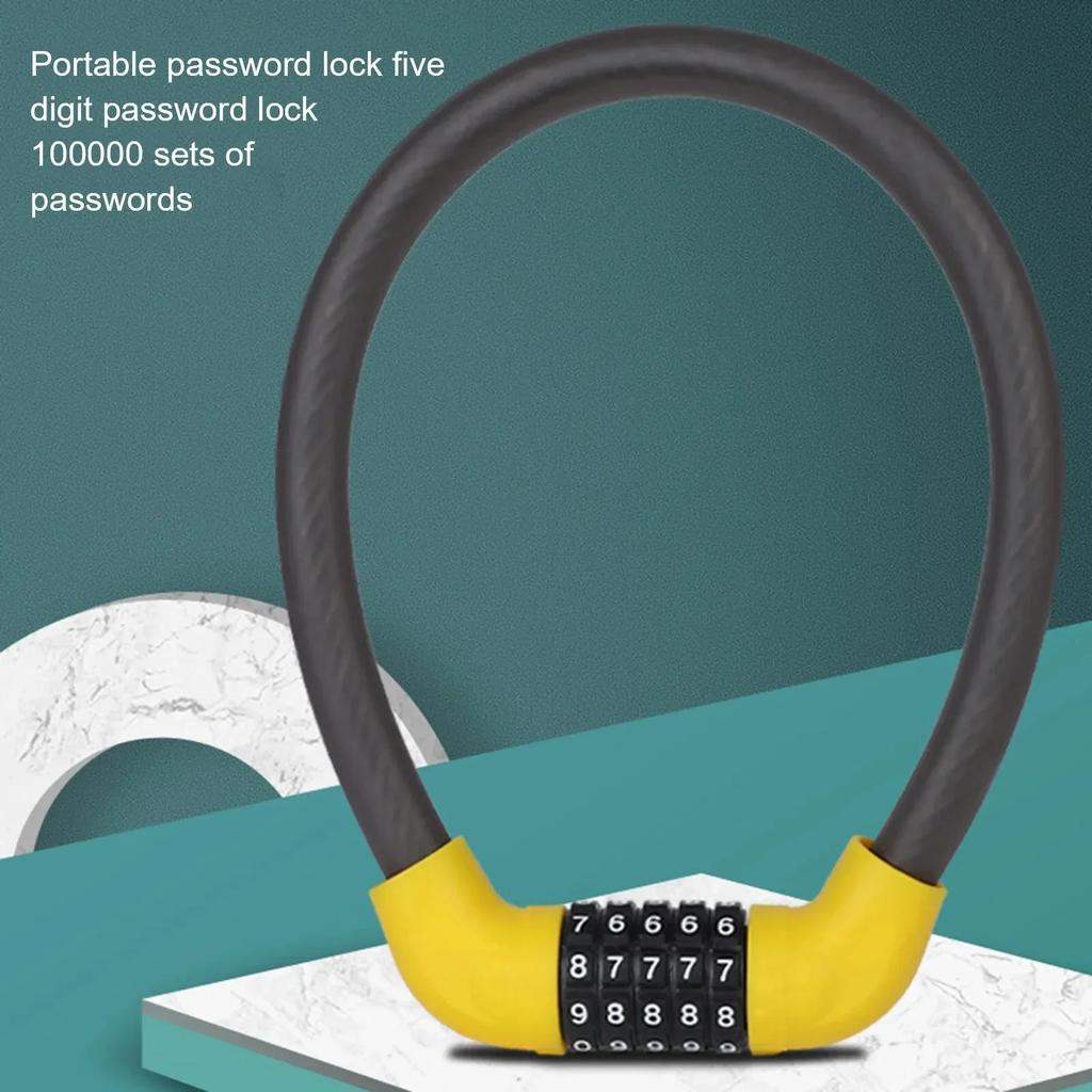 Portable Anti-Theft Cable Lock for Bicycles with 5-Digit Password Silicone Wrapped Anti-Rust Alloy Bold Design for Security
