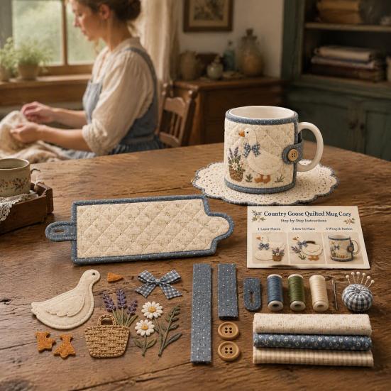 Beginner Sewing Project Farmhouse Friends Mug Cozy Kit, DIY Animal Cup Sleeve Craft, Handmade Christmas Kit with Festive Patterns, Quilting