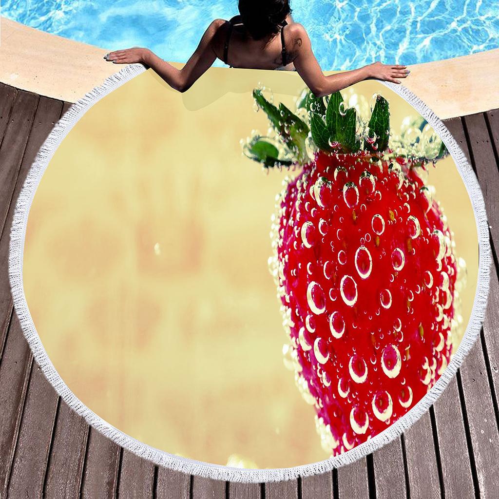 Sweet Cartoon Strawberry Round Beach Towel,Polyester Sand Resistant Beach Blanket,Soft Absorbent Quick Dry Pool Towel Picnic Mat