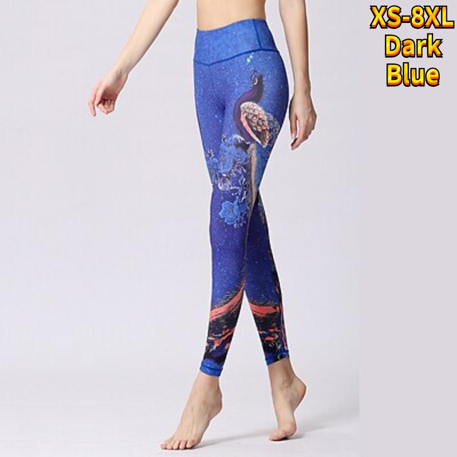 Leggings de yoga stretch pentru femei, albastru închis, cu imprimeuri de păun, fitness, alergare, sală, sport, pantaloni activi