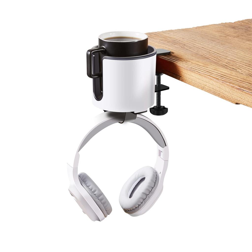 Bitze Luxury 2-in-1 Drink Cup Holder, Desk Cup Holder, Multifunctional Storage Rack for Computer Desks, and Earphone Holder (White)