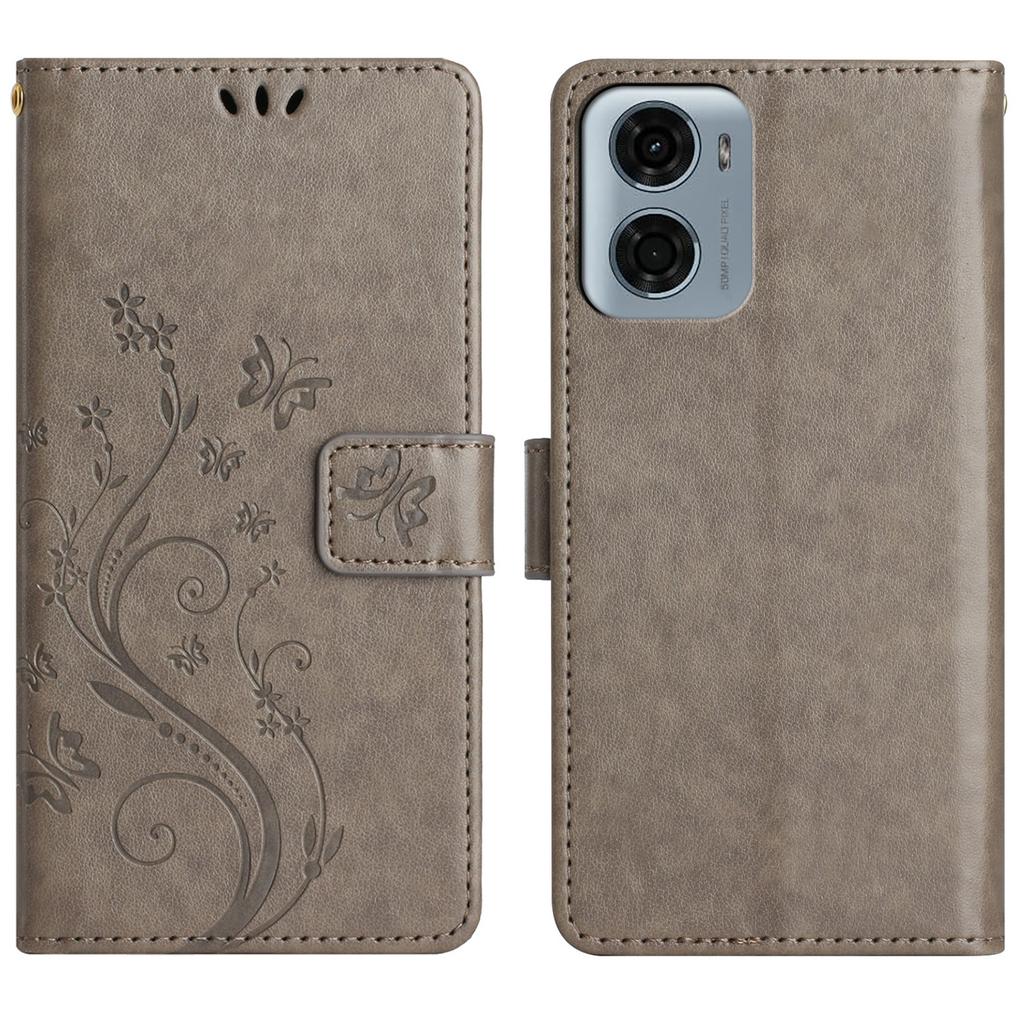 Skórzane etui portfelowe dla Motorola Moto G05 4G z nadrukiem motyla i kwiatów, pokrowiec na telefon ze smyczą