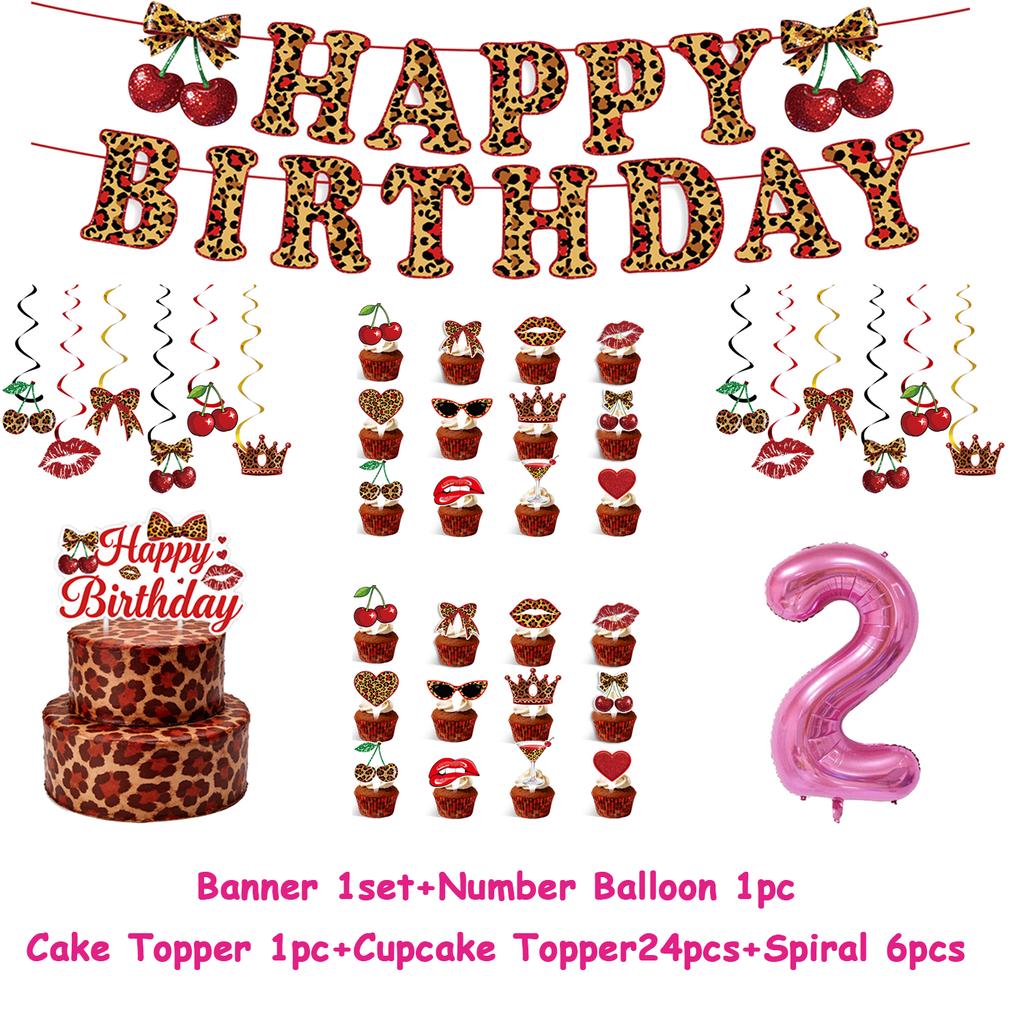 Pink Cherry Leopard Theme Birthday Party Decoration Plate Cup Balloon Banner Sexy Women Girls Shiny Photography Background Gifts