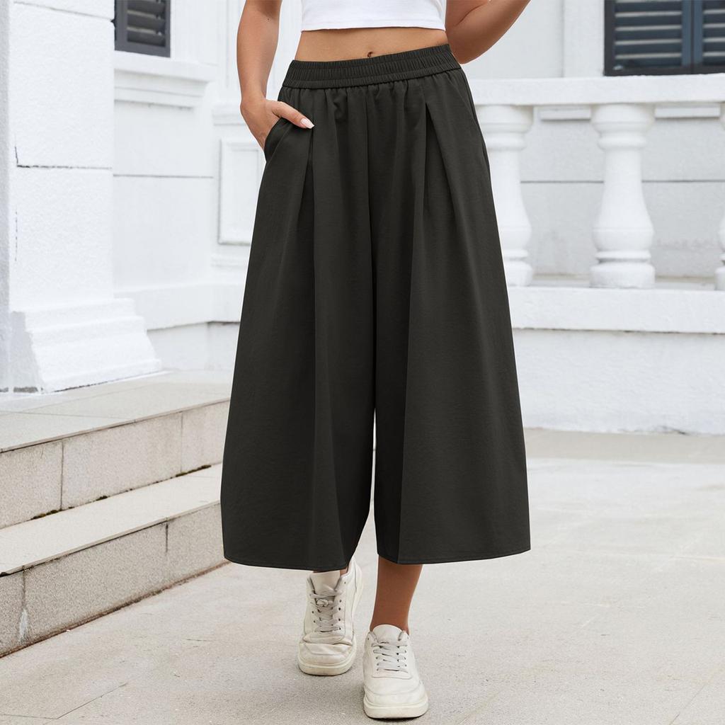 Women's Fashion Color Loose Wide Leg Pants Elastic Waist Pockets High,Waisted Skirt Pants