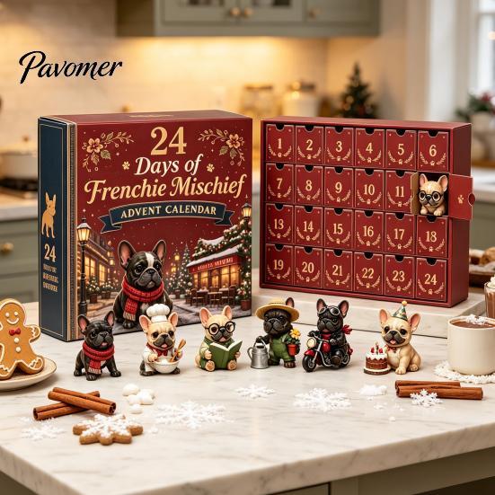 Pet Themed Holiday Gifts French Bulldog Advent Calendar, 24-Day Christmas Countdown Acrylic Ornament, Collectible Decorative Frenchie Charms Figurine