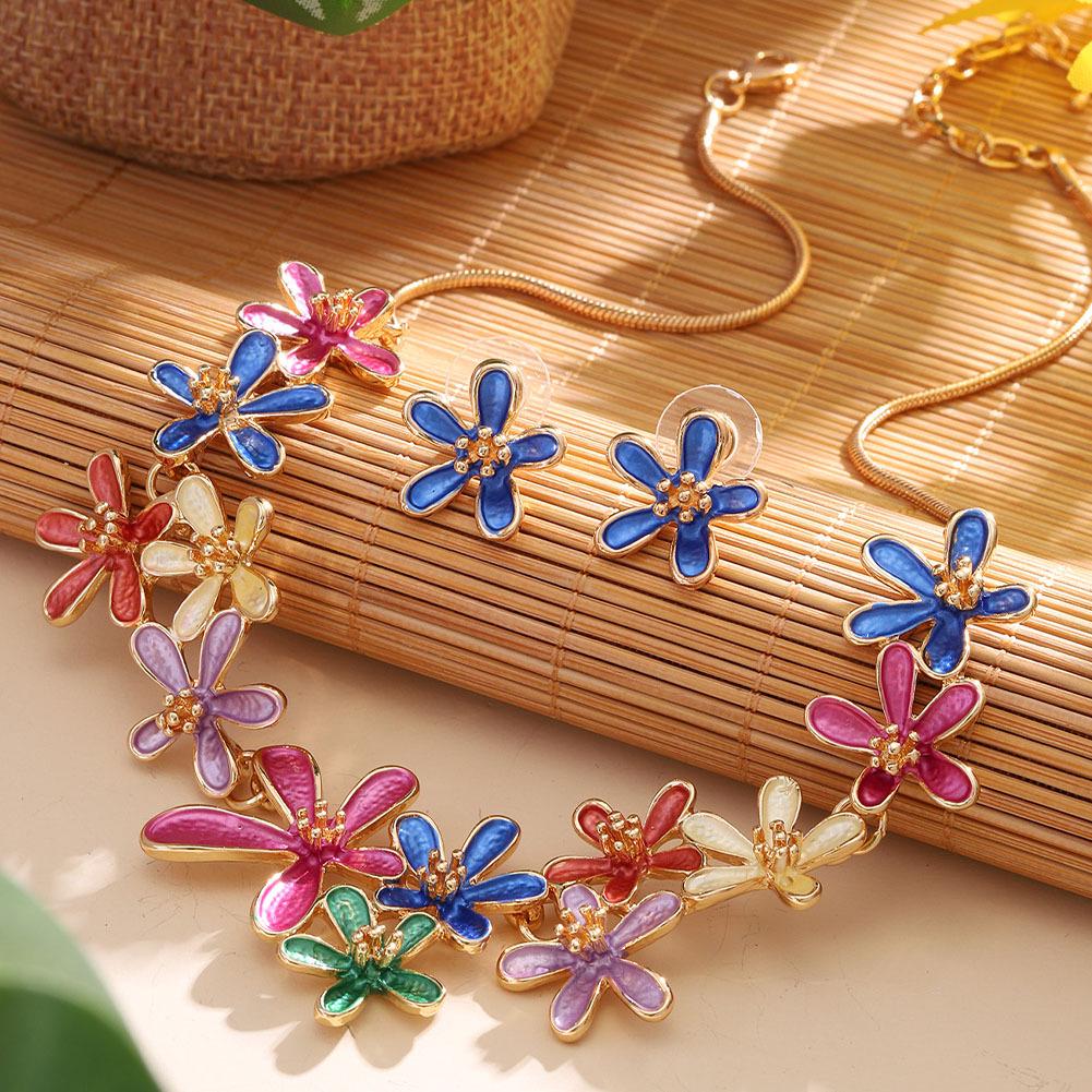 Enamel Set: Zinc Alloy Floral Necklace & Earrings for Women