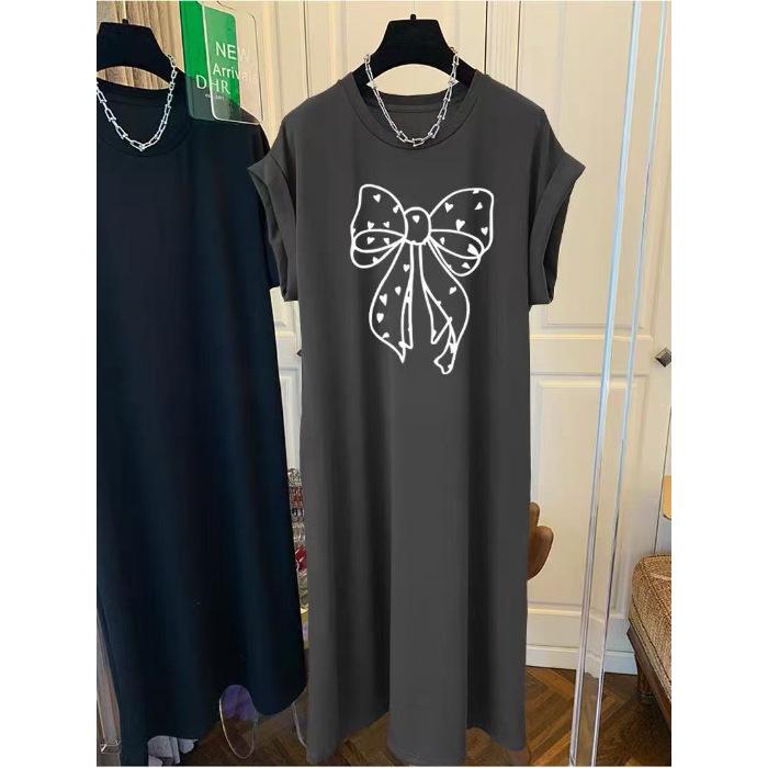 Xiaofei Sleeve Korean T-shirt Skirt Women's 2026 New Loose Casual Large Size Dress Black Split Long Dress Summer