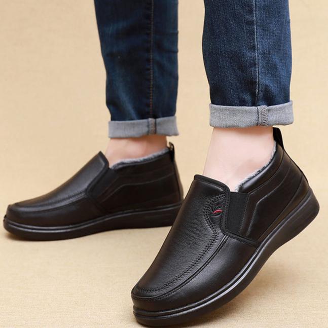 Fashion Warm Man Shoes Winter Snow Boots Faux Leather Fur Lined Shoes Elder Men's Flat Ankle Plush Boots Mid Top Waterproof Shoes