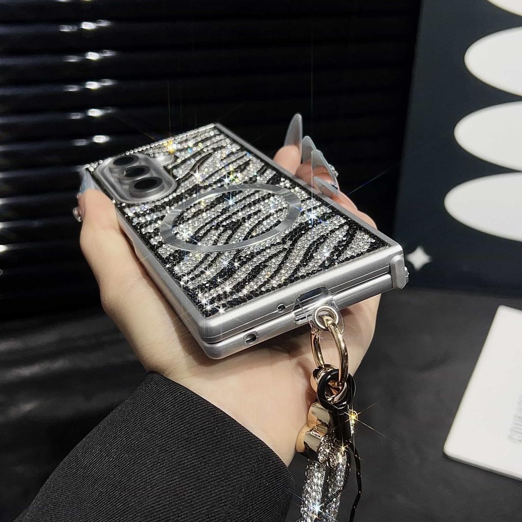 Case for Samsung Galaxy Z Fold7/ 6/ 5/ 4/ 3 with Magsafe Wrist Strap & Crystal Decor Cover Phone Bumpers