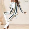 Women Plus Size Round Neck Long Sleeve Red White Blue Flag Printed Longline Top Fitted Pants Two Piece Set