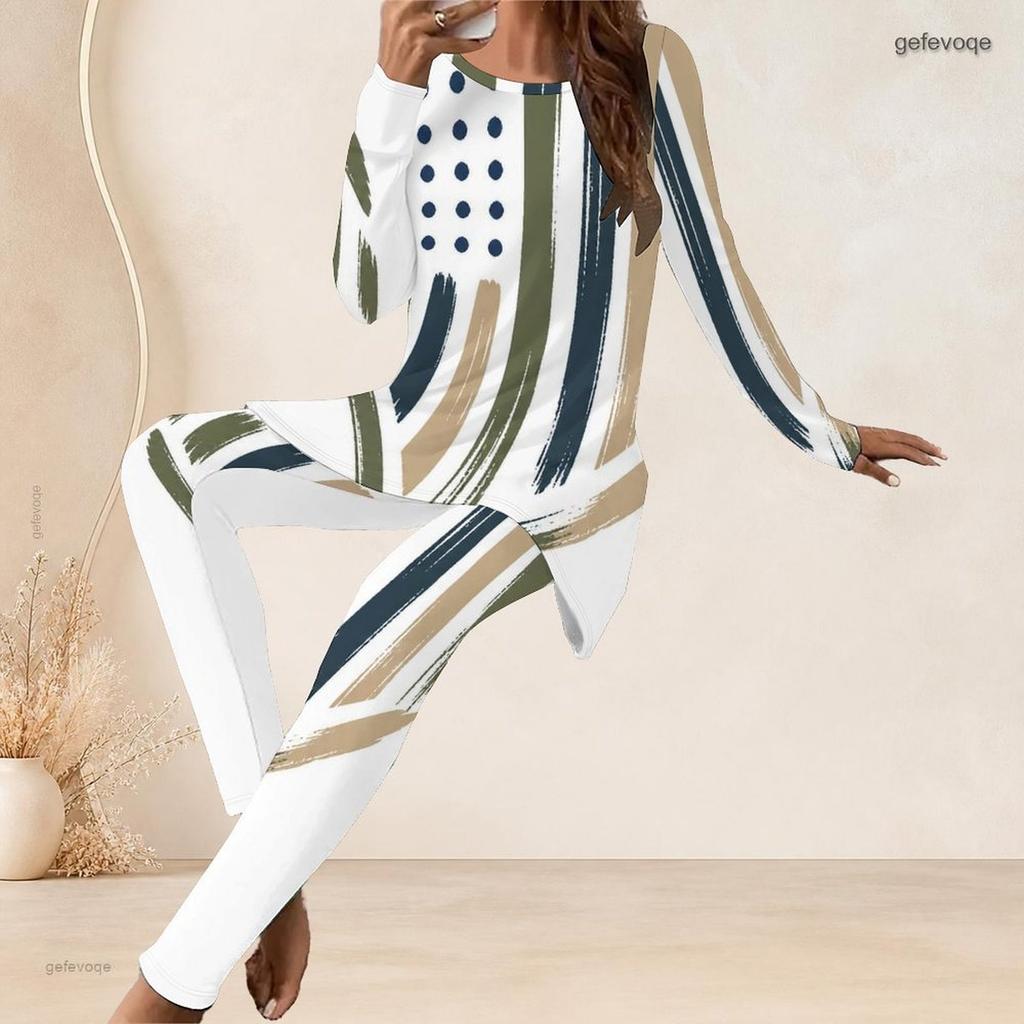Women Plus Size Round Neck Long Sleeve Red White Blue Flag Printed Longline Top Fitted Pants Two Piece Set