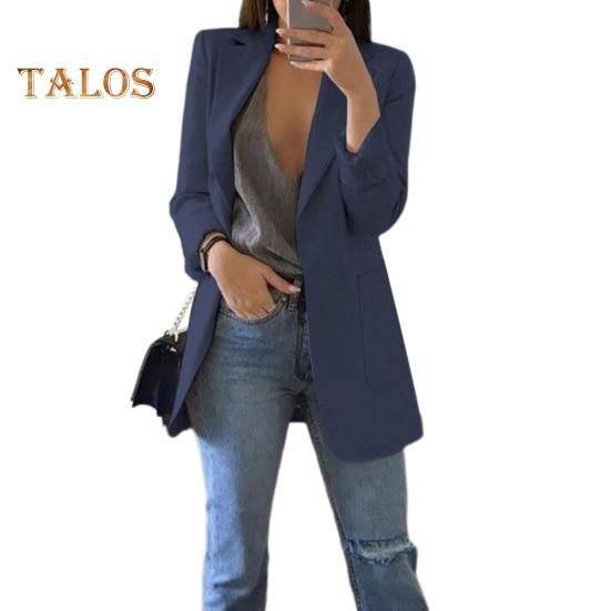 Women Suit Coat Lapel Long Sleeve Open Front Suit Jacket Solid Color Big Pockets Commuting Style Casual Business Outwear