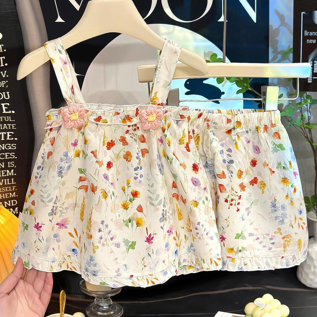 2026 New Korean Style Floral Princess Spaghetti Strap Two-Piece Summer Set for Girls