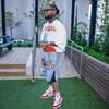 LUXEON Streetwear Retro Patchwork Denim Short Y2K Jeans Men Women Hip Hop Cartoon Graphics Retro Blue Loose Denim Fitness Casual Shorts