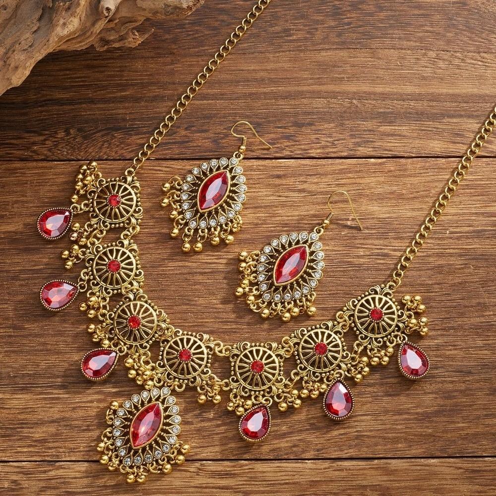 Metal Necklace Earrings Set Bohemia Style Ethnic Style Necklace Set Rhinestone Jewelry Set Women