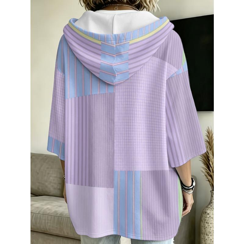 Plus size women's hooded top plaid striped patchwork loose dropped shoulder sleeves hoodie
