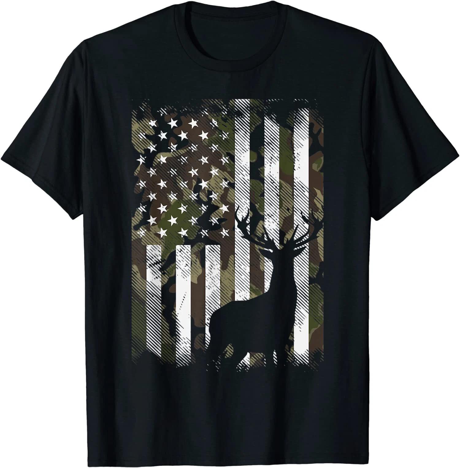 Camo US Flag Deer Elk Buck Camouflage Hunting Hunter Dad T-Shirt XXXL